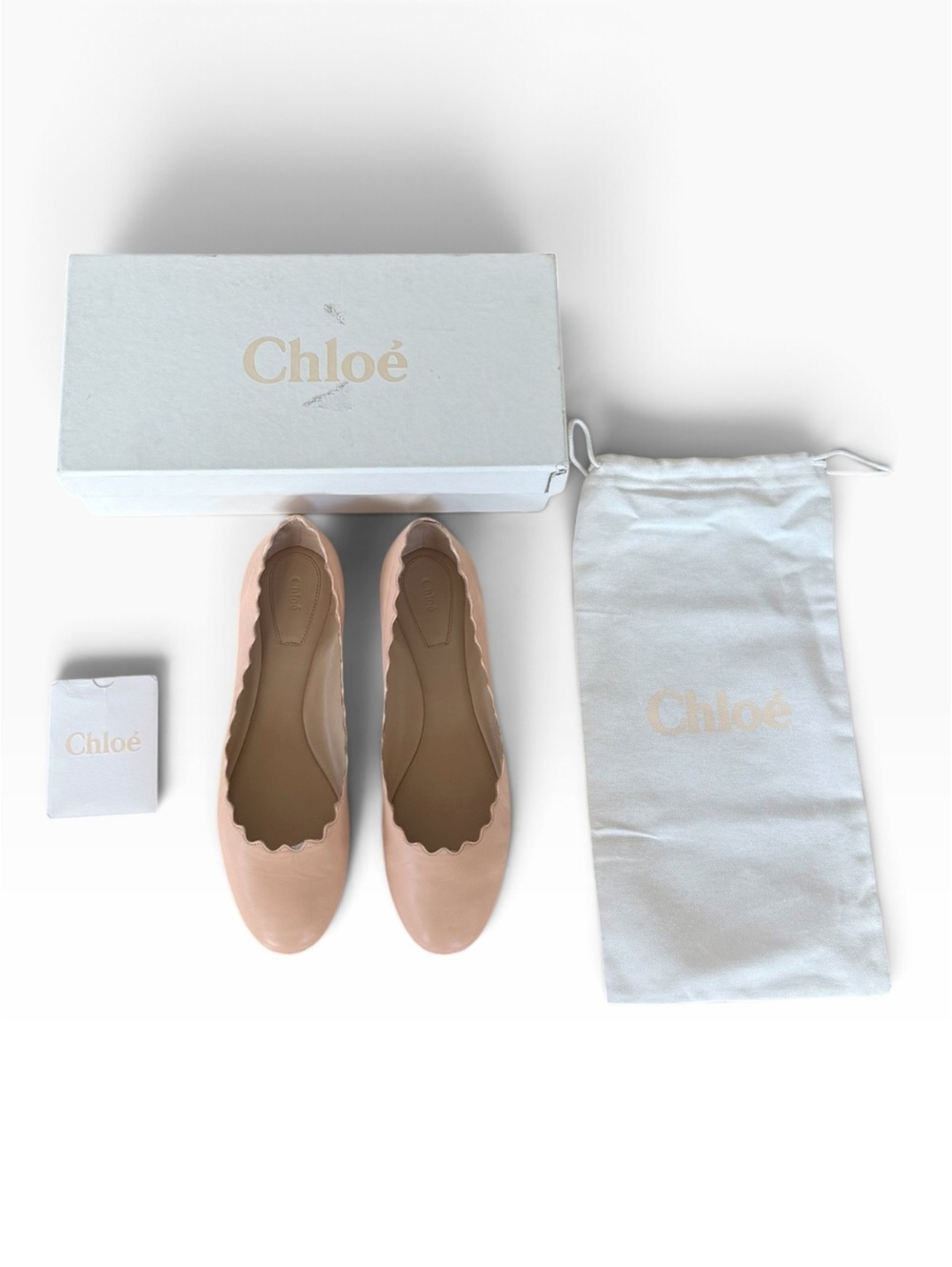 Chloé Lauren Scalloped Leather Ballet Flats Nude Beige Pink Size 38 Box Dustbag